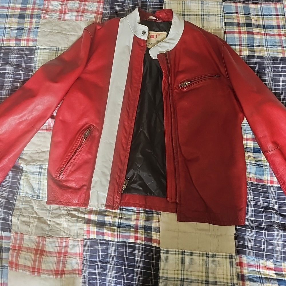 GAP Red and White 90s Leather Jacket Vintage